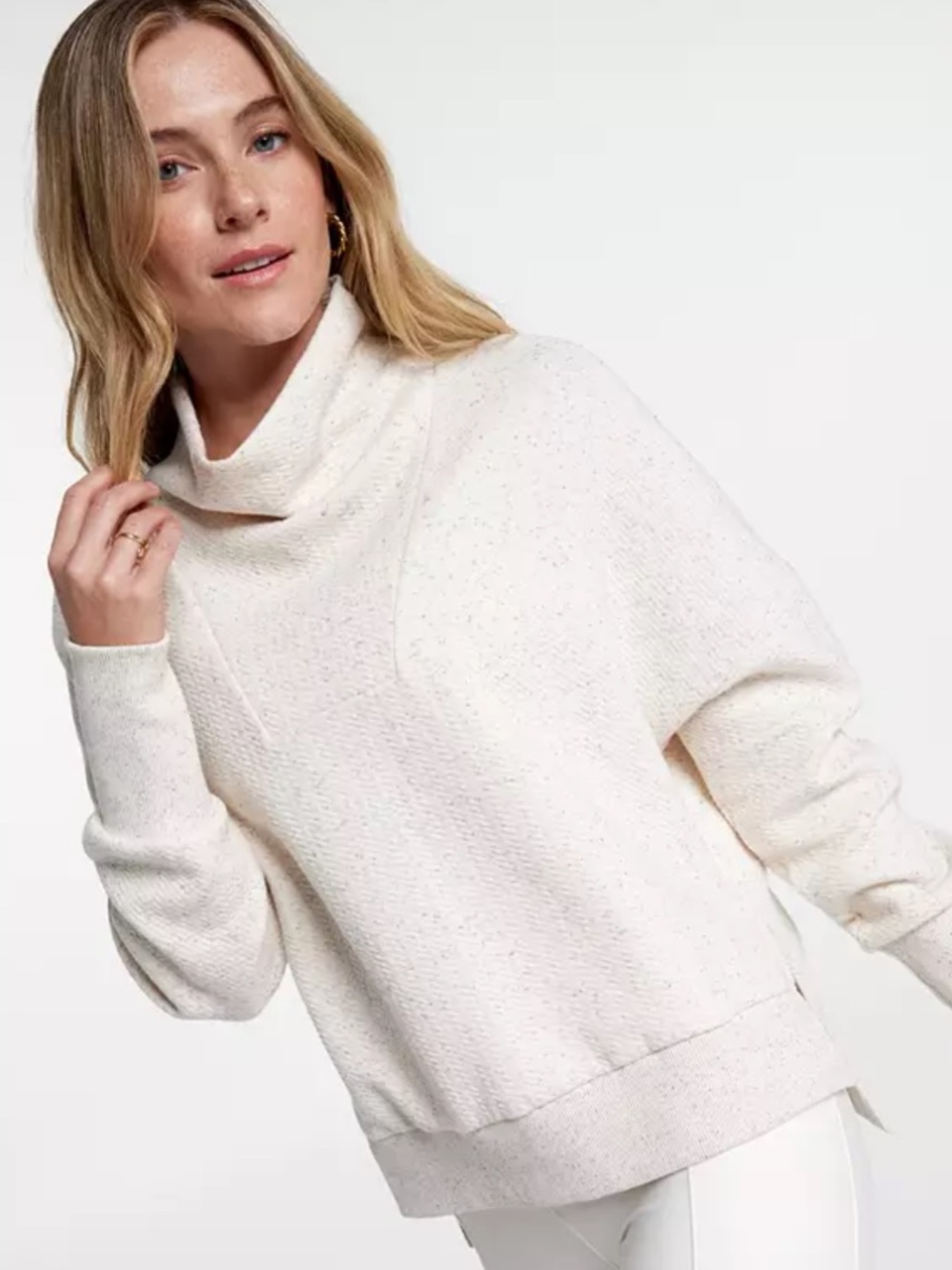 New! Calia Elevate Herringbone Funnel Neck Sweatshirt Ivory/Gray Size Small